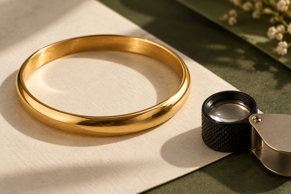 Illustrative gold bangle beside a jeweller’s loupe on a cream surface