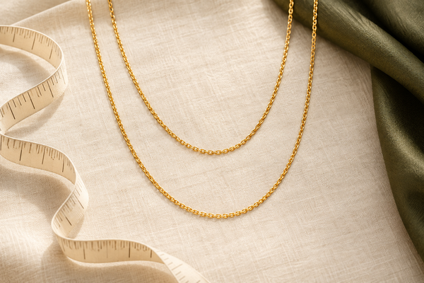 Illustrative gold chains of two lengths beside an unmarked measuring ribbon on cream linen