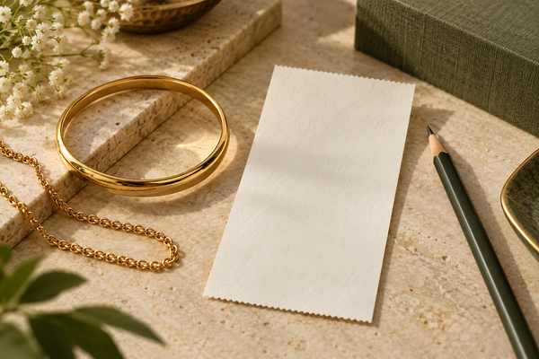 Illustrative gold bangle and chain beside a blank receipt card and olive pencil on cream stone