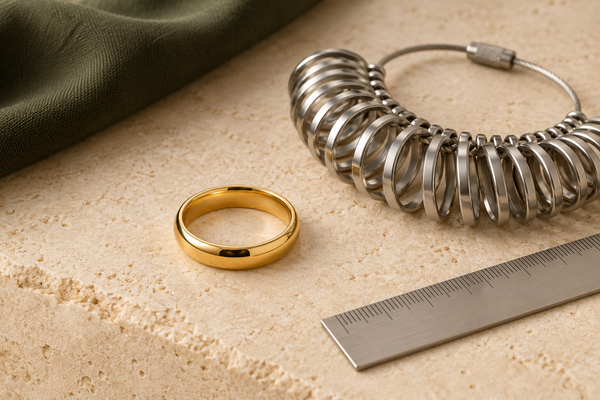 Illustrative plain gold ring beside a metal ring-sizing gauge and unmarked ruler on cream stone
