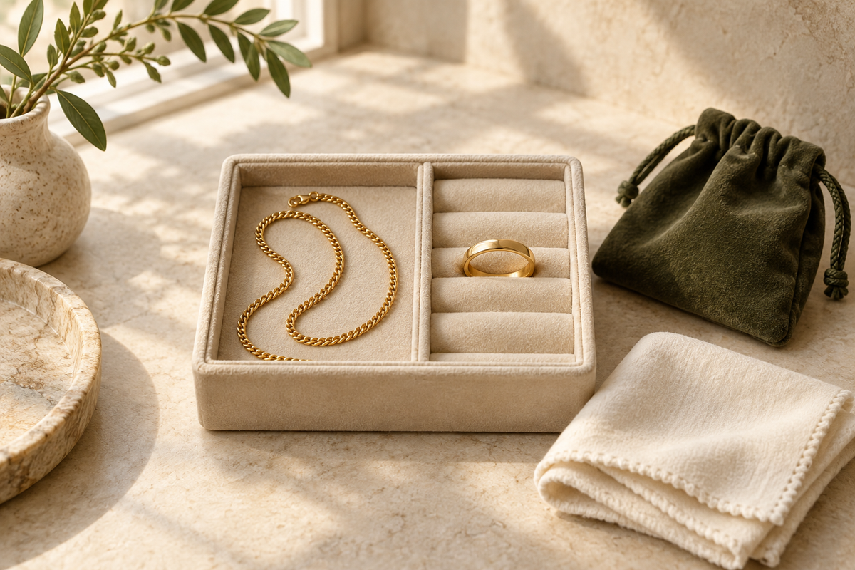 Illustration of a gold chain and ring stored separately in a cream jewellery tray beside a soft cloth and olive pouch