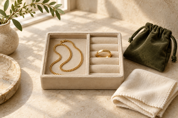 Illustration of a gold chain and ring stored separately in a cream jewellery tray beside a soft cloth and olive pouch