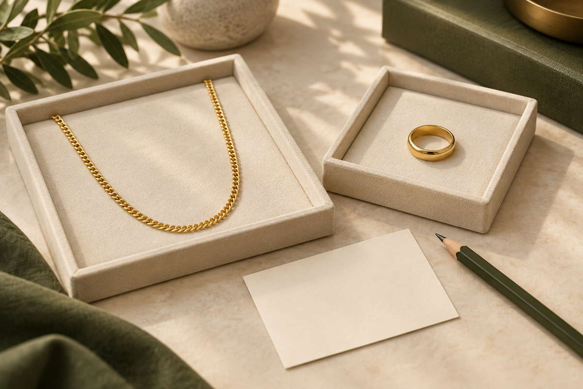 Illustration of a plain gold chain and ring on separate cream trays beside a blank comparison card and olive pencil