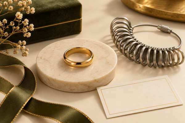 Illustration of a plain gold ring beside a ring-sizing gauge on a warm cream surface