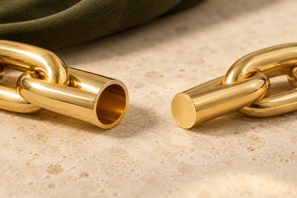 Illustration comparing a hollow gold link and a solid gold link on a cream surface
