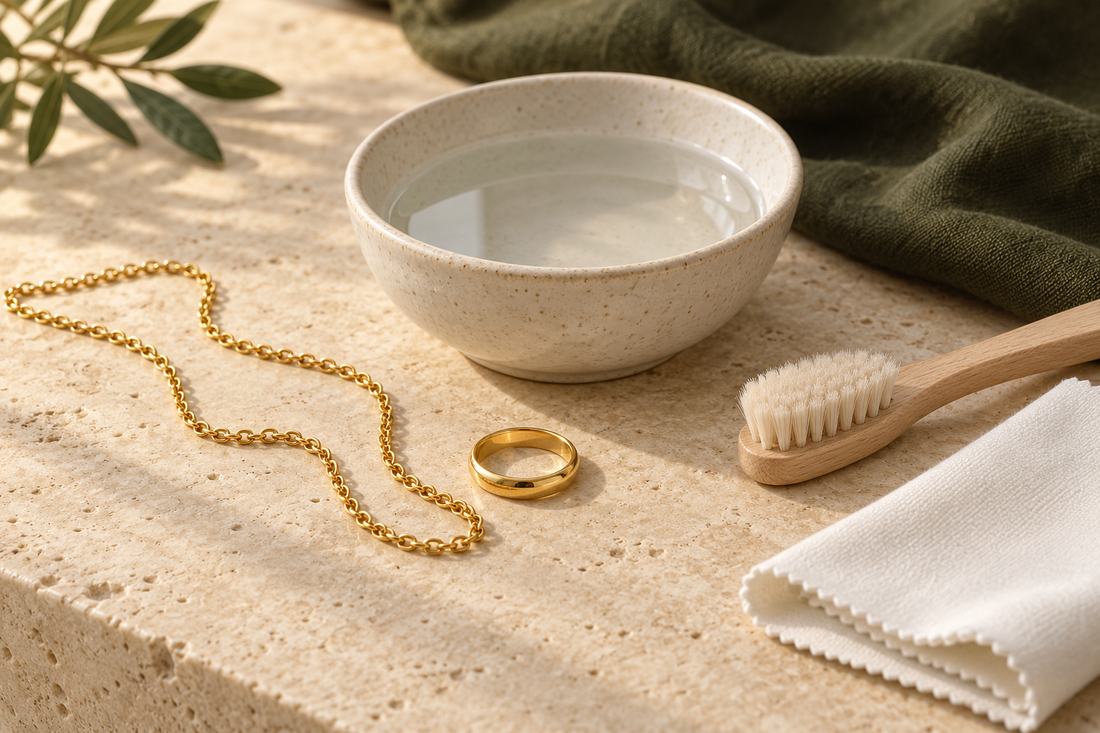 Illustration of a plain gold chain and ring beside a water bowl, soft brush and lint-free cloth