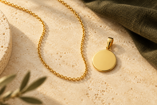 Illustration of a plain round gold pendant with visible bail beside a separate gold chain on warm cream stone