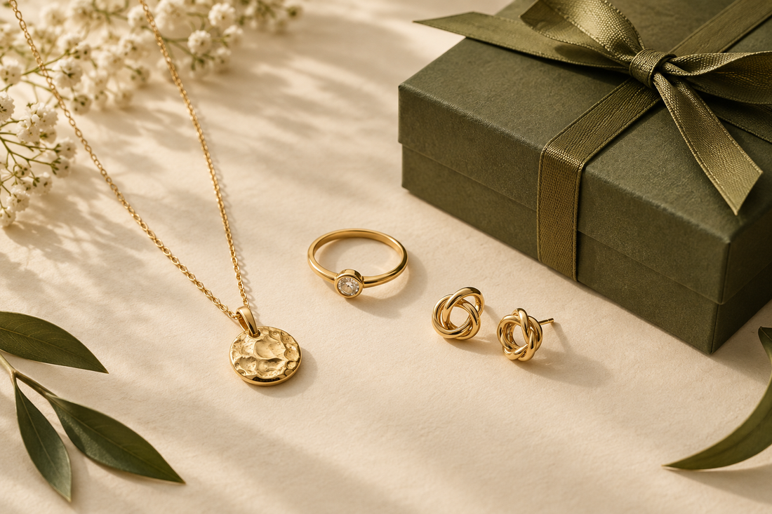 Illustrative gold pendant, ring and earrings beside an olive gift box on a cream surface