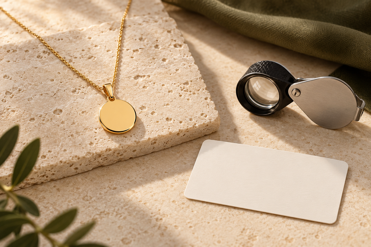 Illustrative gold-coloured pendant and chain beside a jeweller’s loupe and blank card on cream stone