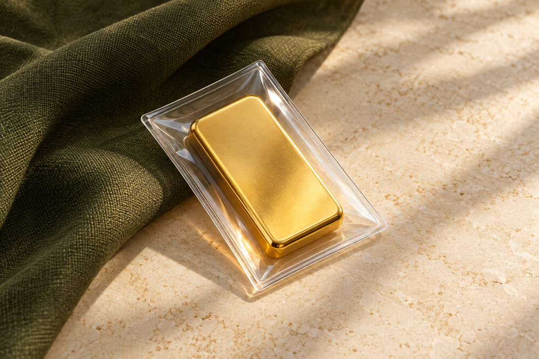 Illustrative unmarked gold-coloured bar in a clear sleeve on cream stone beside dark olive linen