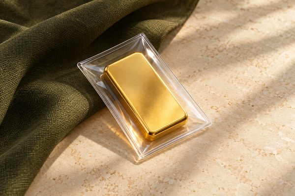 Illustrative unmarked gold-coloured bar in a clear sleeve on cream stone beside dark olive linen