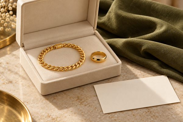 Illustrative gold bracelet and plain ring in a cream jewellery box beside a blank card and olive fabric