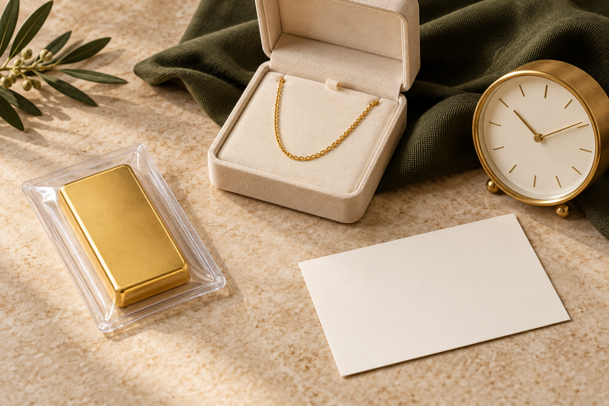 Illustrative unmarked gold-coloured bar and gold chain beside a blank delivery card and clock on cream stone
