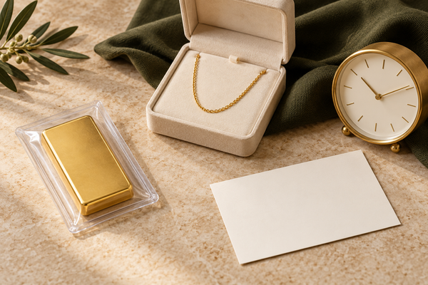 Illustrative unmarked gold-coloured bar and gold chain beside a blank delivery card and clock on cream stone