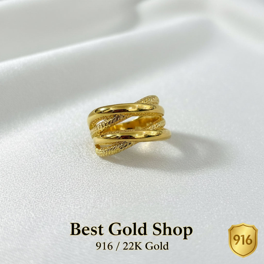 916 Gold Double Cross Wide Ring | Lightweight 22K Crisscross Design