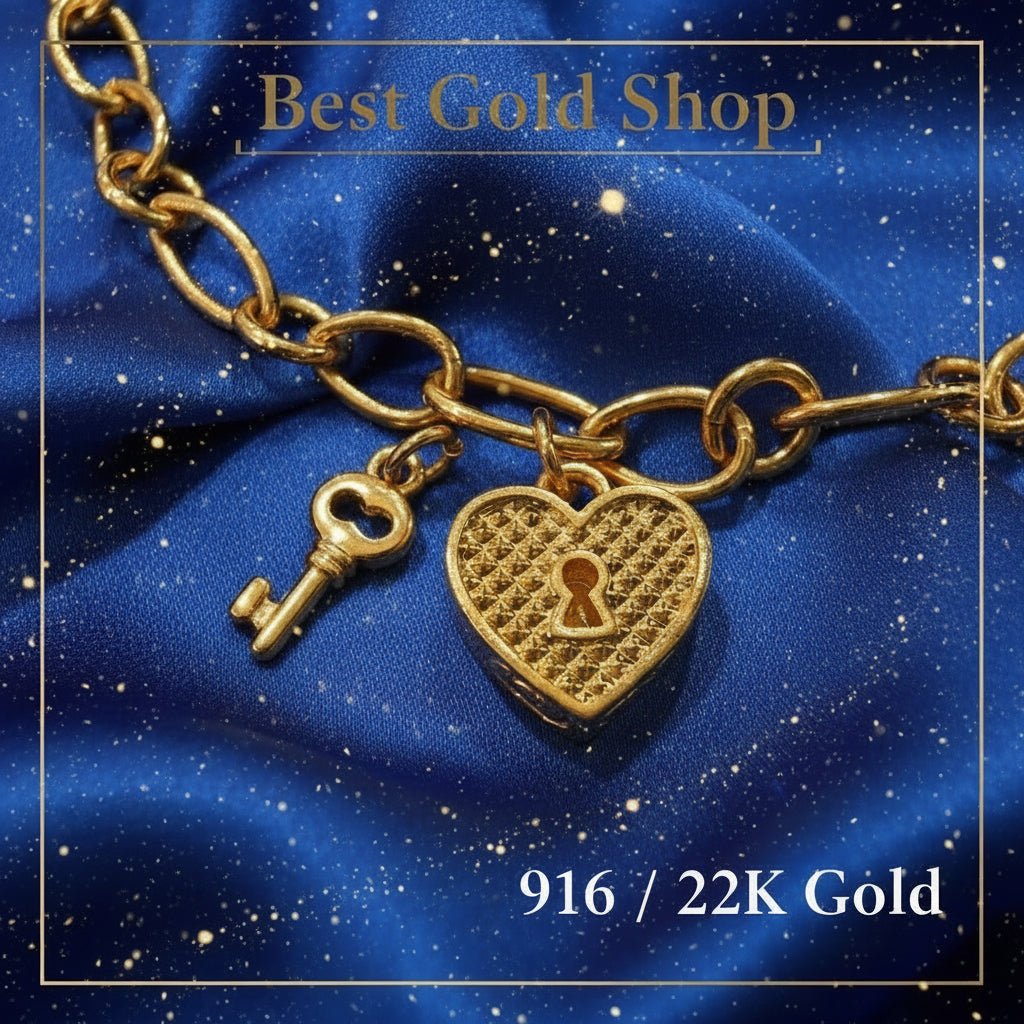 22k / 916 Gold Anchor Link Bracelet with Heart Lock and Key - 22k gold 22k gold bracelet 916 gold Bracelets