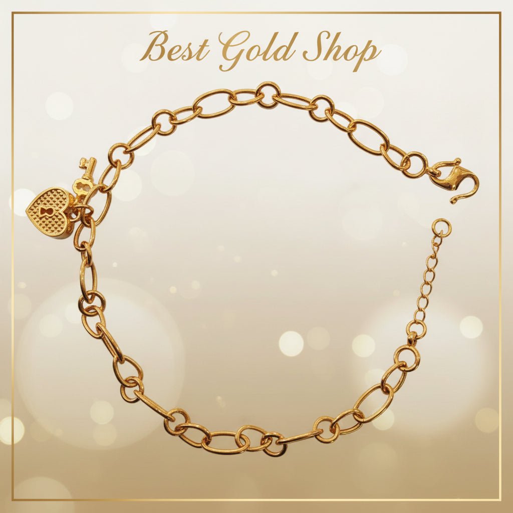 22k / 916 Gold Anchor Link Bracelet with Heart Lock and Key - 22k gold 22k gold bracelet 916 gold Bracelets
