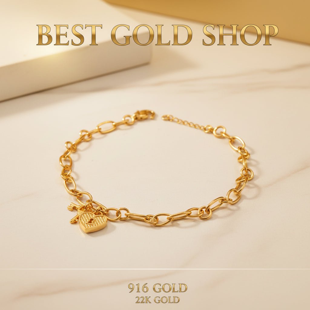 22k / 916 Gold Anchor Link Bracelet with Heart Lock and Key - 22k gold 22k gold bracelet 916 gold Bracelets