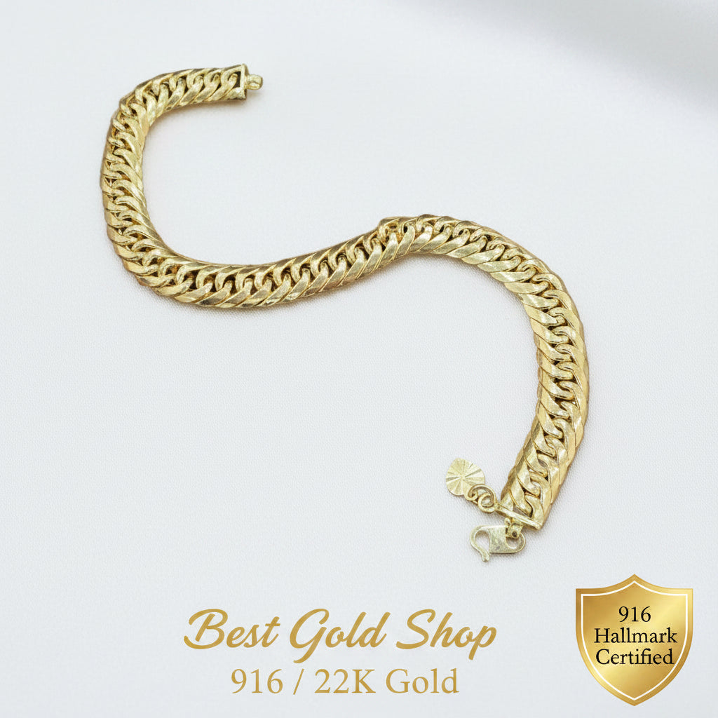 Slim 22K / 916 gold S-hook bracelet in an S-shaped display, showing chain and clasp