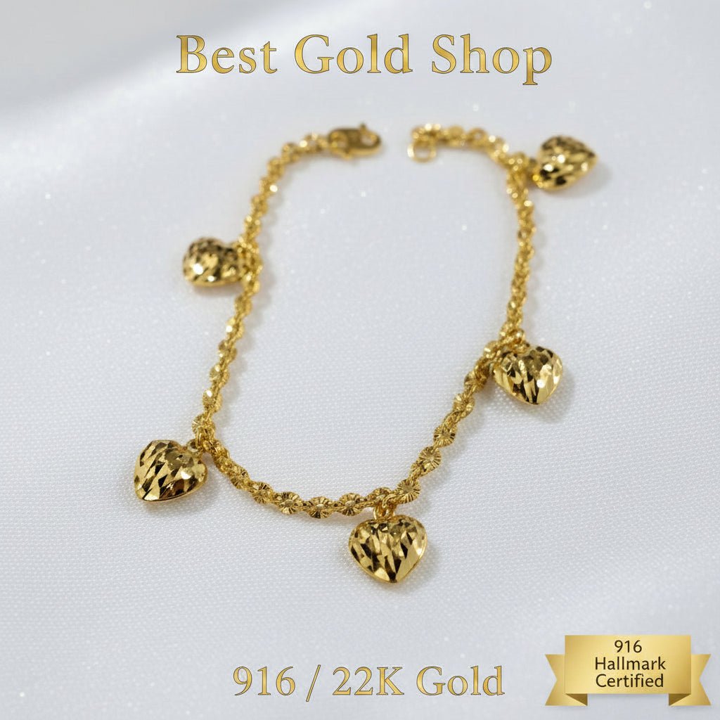 22k / 916 Gold Sunflower with Dangling Heart Bracelet By Best Gold ShopBraceletsBest Gold Shop
