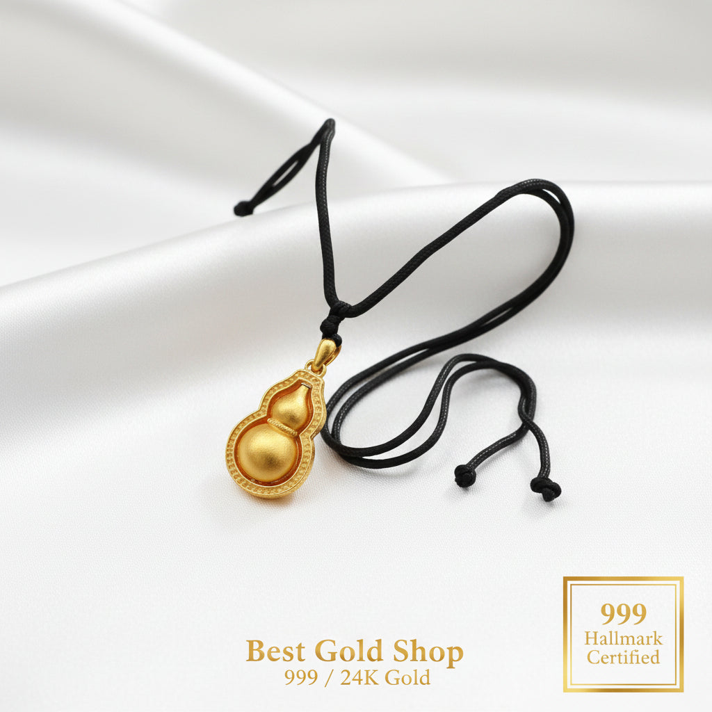 24K / 999 Gold Bottle Gourd Pendant with Black StringCharms & PendantsBest Gold Shop