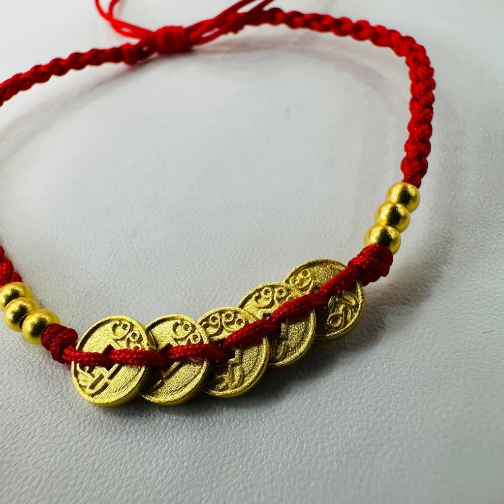 24k / 999 Gold with Red String with Coins Bracelet by Best Gold Shop - Best Gold Shop 24k gold 24k gold bracelet 999 gold Bracelets