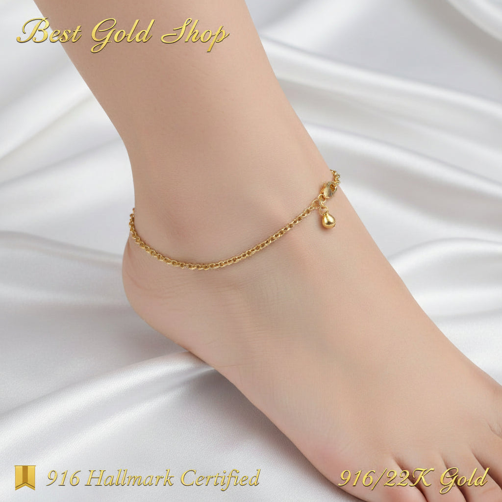 916 Gold Round Link Bell Anklet | Classic 22K Gold