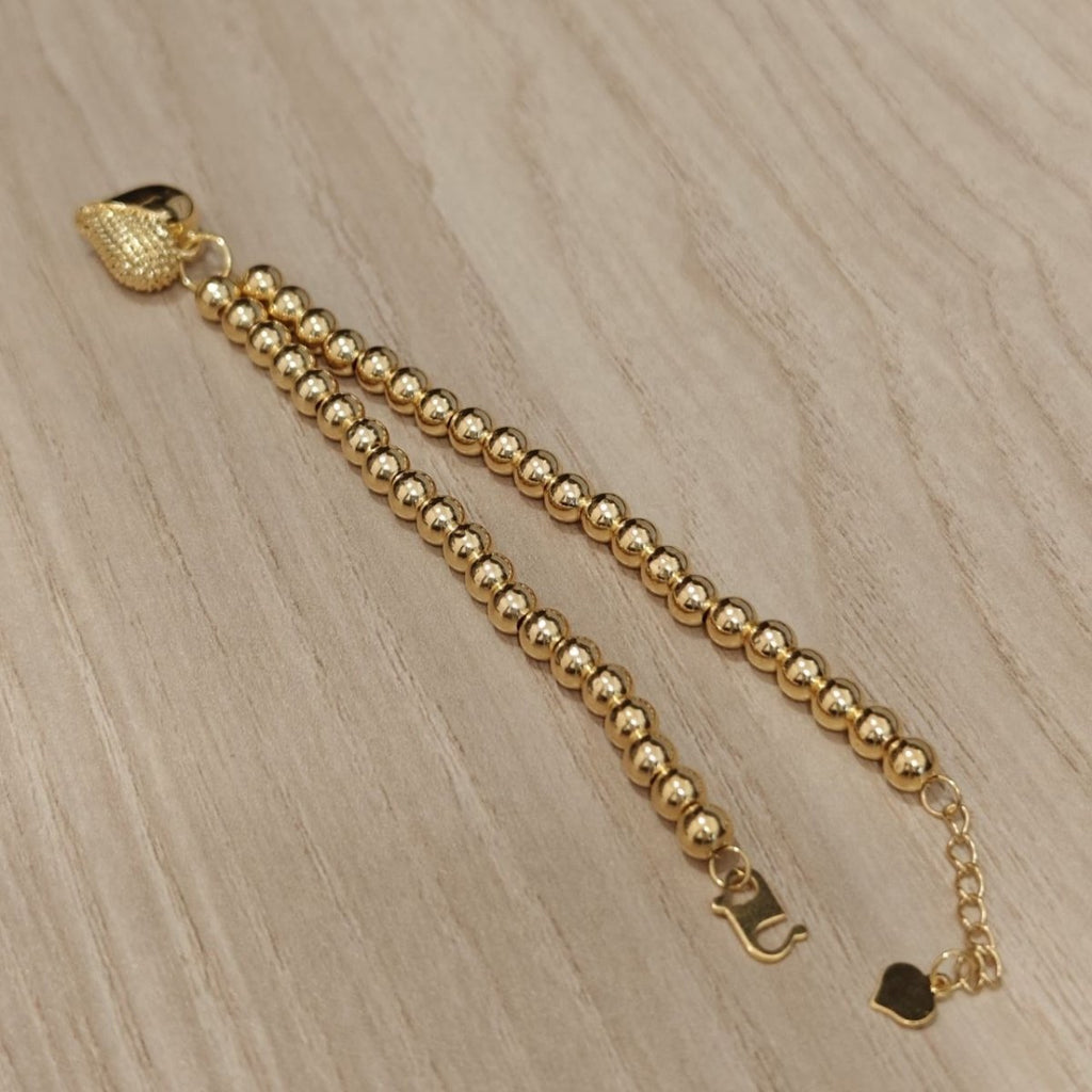 916 Gold Bead Bracelet With Dangling Diamond Cut Heart V2 Feather LightBraceletsBest Gold Shop