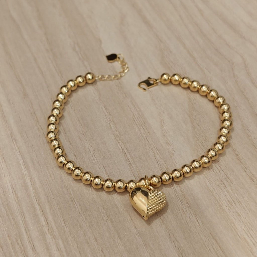916 Gold Bead Bracelet With Dangling Diamond Cut Heart V2 Feather LightBraceletsBest Gold Shop