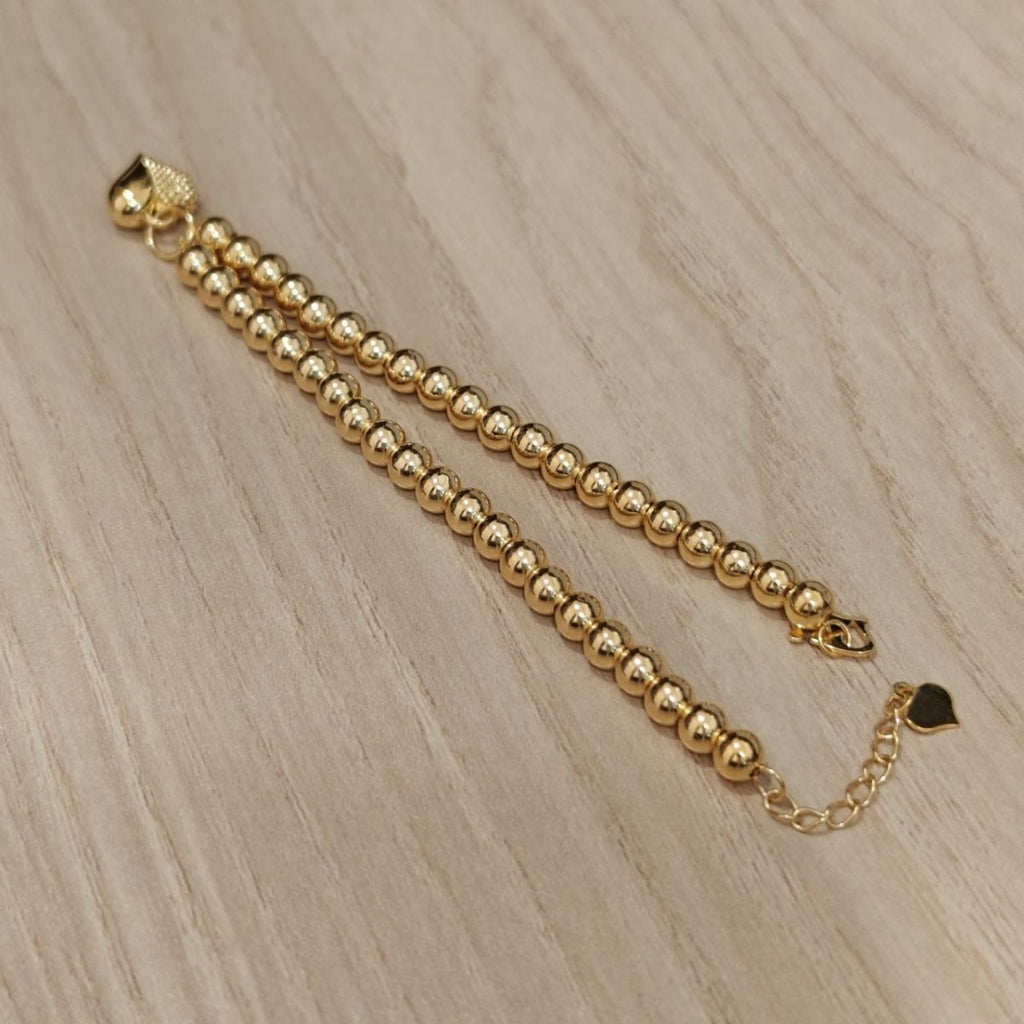 916 Gold Bead Bracelet With Dangling Diamond Cut Heart V2 Feather LightBraceletsBest Gold Shop