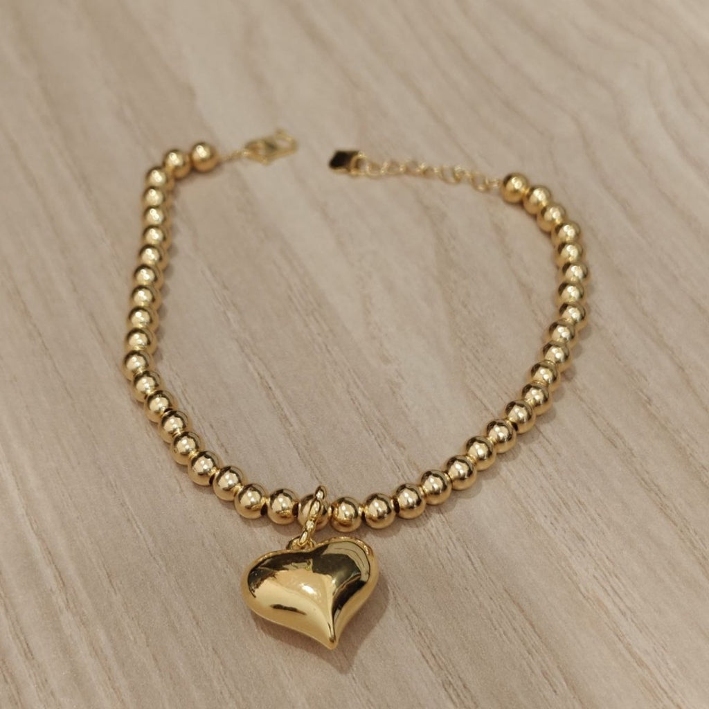 916 Gold Bead Bracelet with dangling Shiny Heart V1 Feather LightBraceletsBest Gold Shop