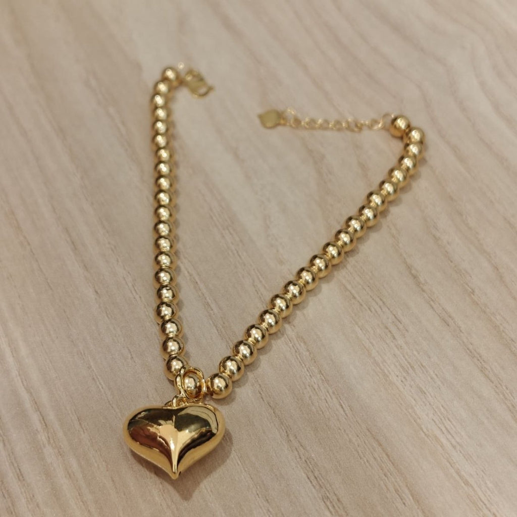 916 Gold Bead Bracelet with dangling Shiny Heart V1 Feather LightBraceletsBest Gold Shop