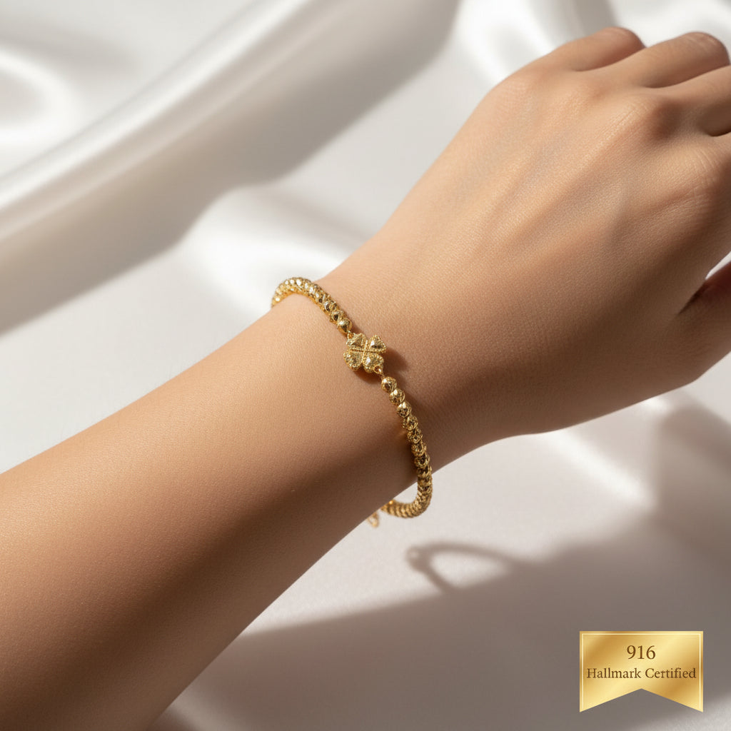 916 Gold Four-Leaf Clover Flower Bead Bracelet | 22K Gold