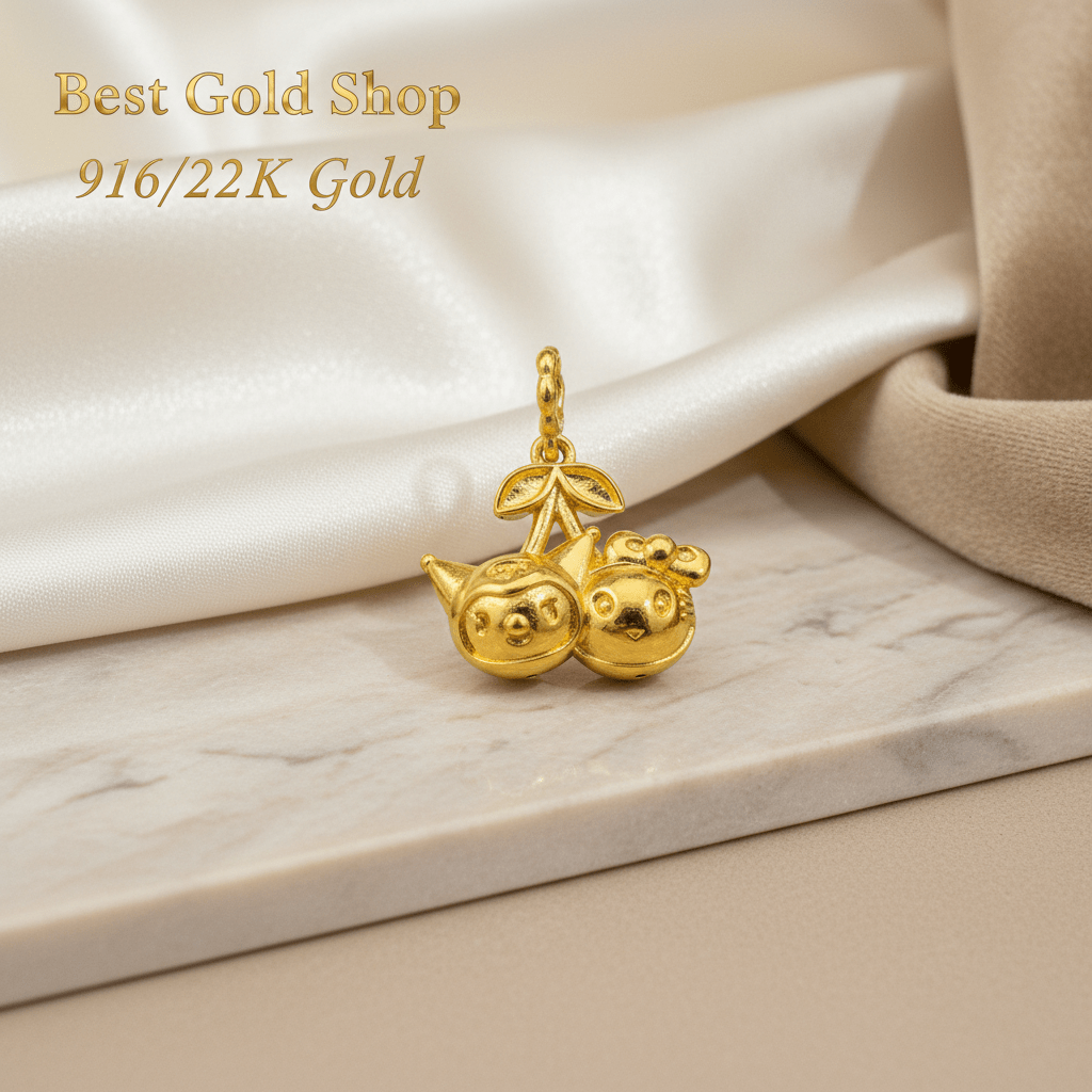 916 Gold (22K) Double Chick Cherry Charm feather light and big Charm/Pendant for WomenCharms & PendantsBest Gold Shop