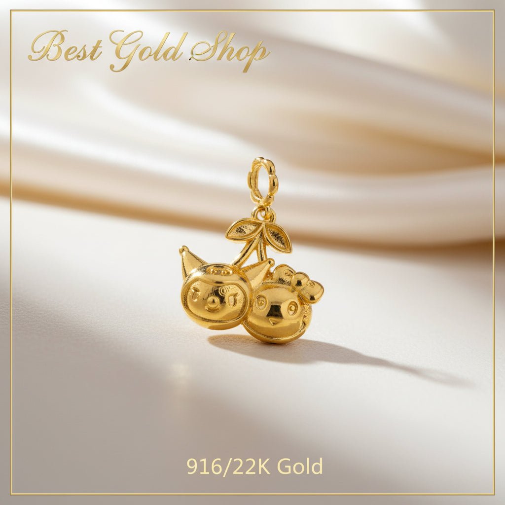 916 Gold (22K) Double Chick Cherry Charm feather light and big Charm/Pendant for WomenCharms & PendantsBest Gold Shop