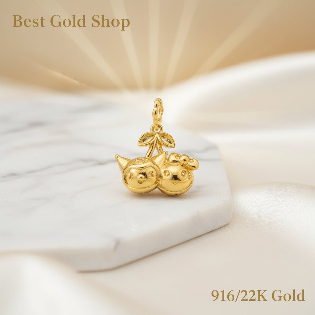 916 Gold (22K) Double Chick Cherry Charm feather light and big Charm/Pendant for WomenCharms & PendantsBest Gold Shop