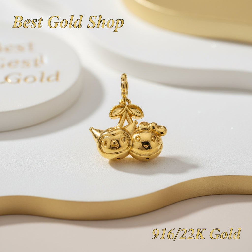 916 Gold (22K) Double Chick Cherry Charm feather light and big Charm/Pendant for WomenCharms & PendantsBest Gold Shop