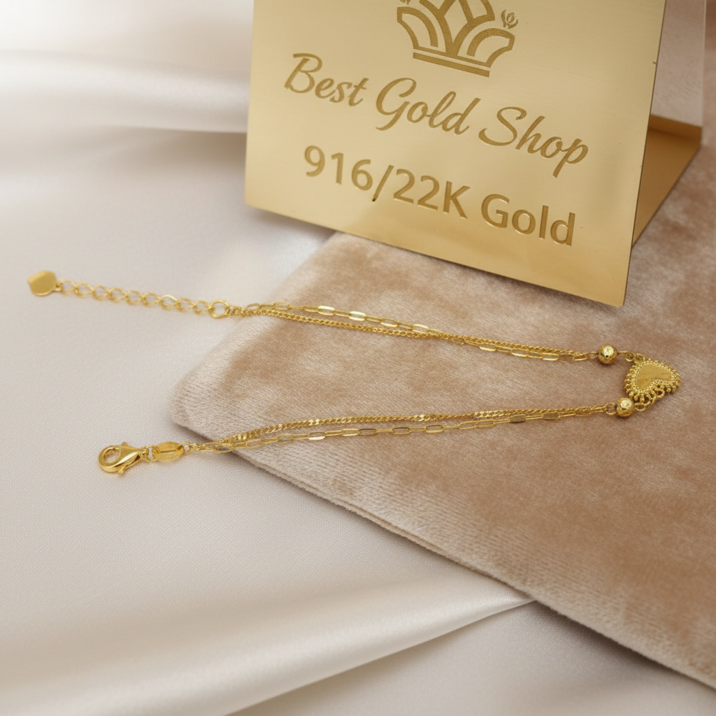916 Gold Elegant Heart and Bead Bracelet