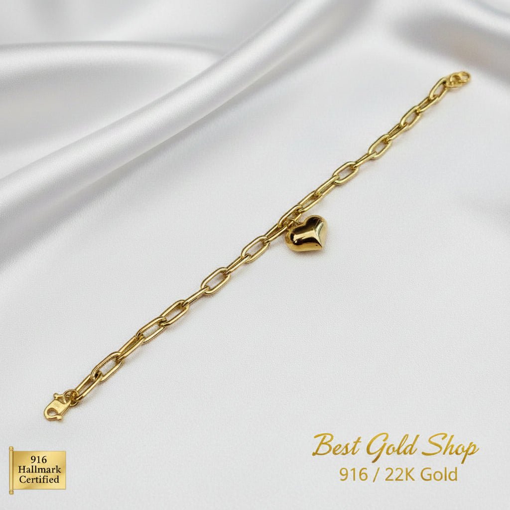 916 Gold Fancy Link Dangling Heart Bracelet V1 Bold and Elegant, Weight 5.36g L18-18.5 cm Width 0.5,BraceletsBest Gold Shop