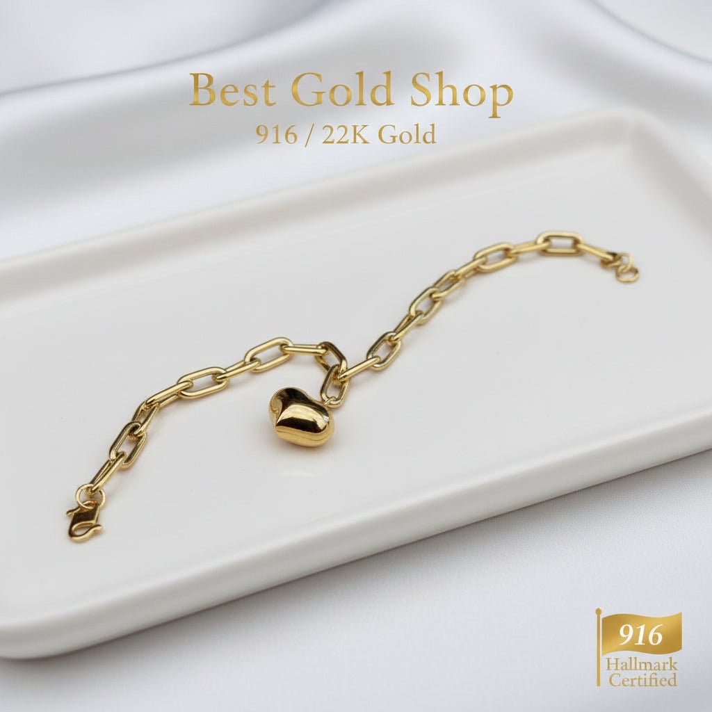 916 Gold Fancy Link Dangling Heart Bracelet V1 Bold and Elegant, Weight 5.36g L18-18.5 cm Width 0.5,BraceletsBest Gold Shop