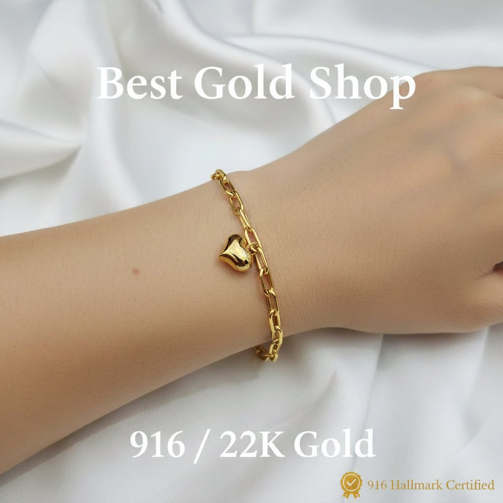 916 Gold Fancy Link Dangling Heart Bracelet V1 Bold and Elegant, Weight 5.36g L18-18.5 cm Width 0.5,BraceletsBest Gold Shop