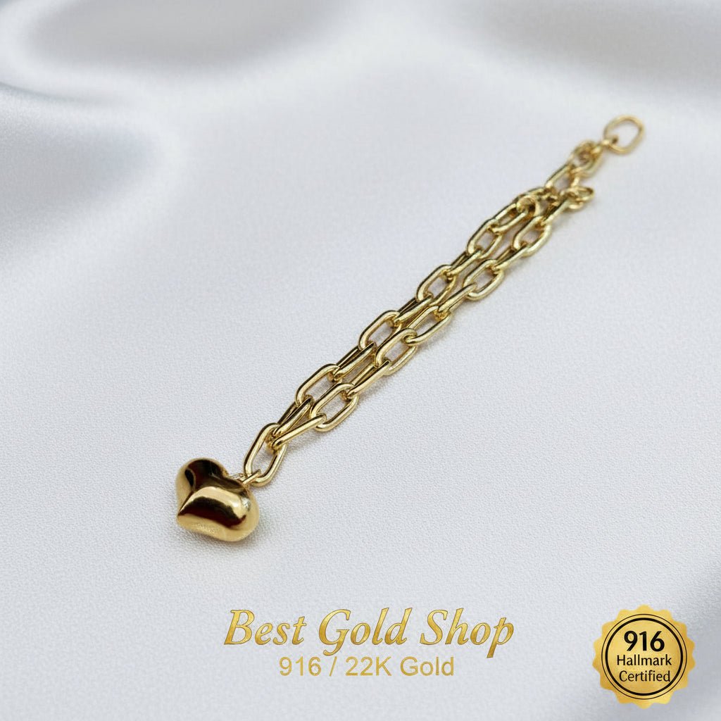 916 Gold Fancy Link Dangling Heart Bracelet V1 Bold and Elegant, Weight 5.36g L18-18.5 cm Width 0.5,BraceletsBest Gold Shop