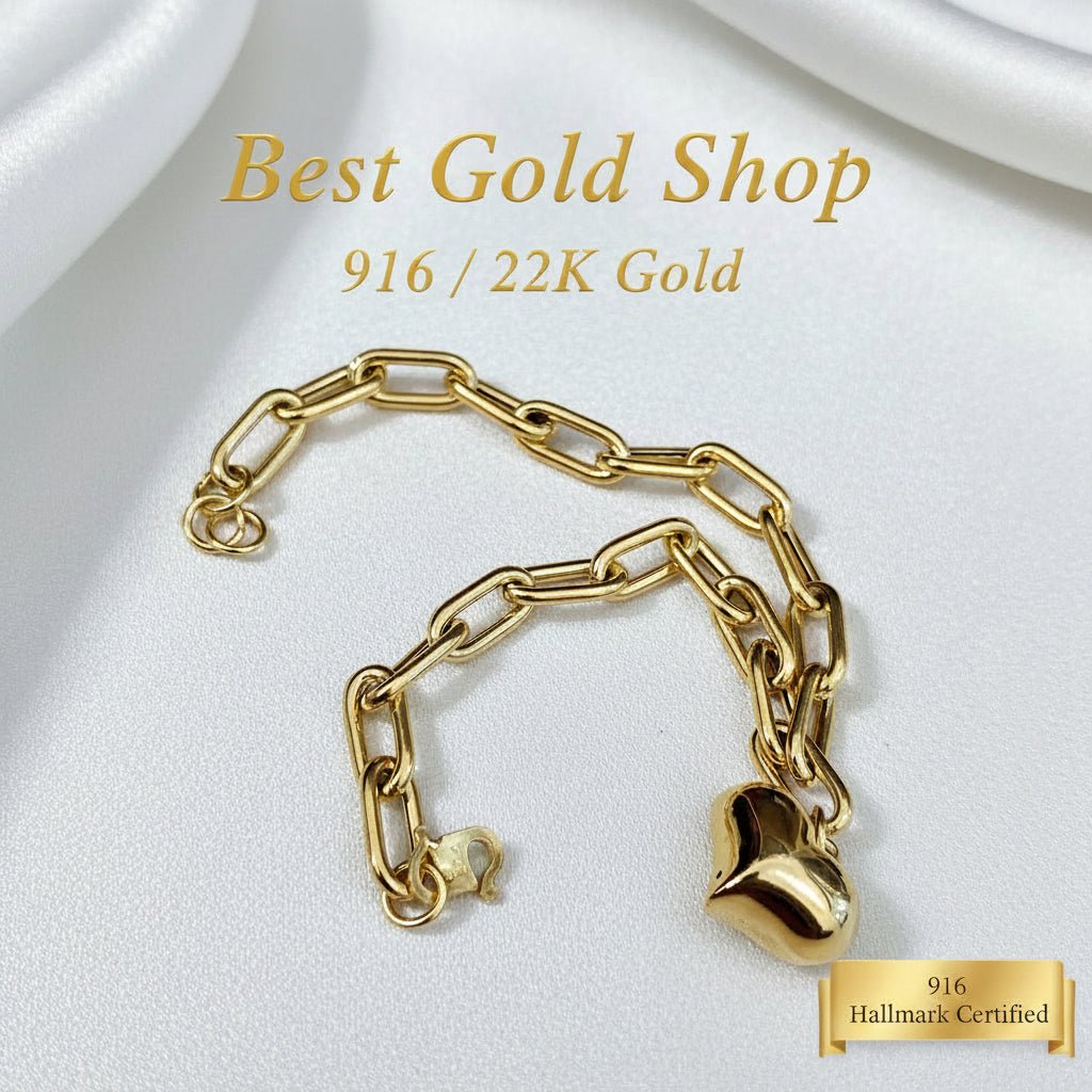 916 Gold Fancy Link Dangling Heart Bracelet V1 Bold and Elegant, Weight 5.36g L18-18.5 cm Width 0.5,BraceletsBest Gold Shop