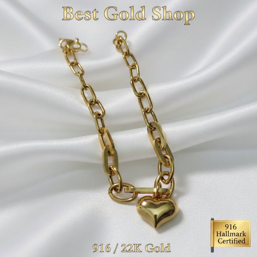 916 Gold Fancy Link Dangling Heart Bracelet V2 Bold and Elegant, Weight 5.09g L16.5-17.2 cm Width 0.5BraceletsBest Gold Shop