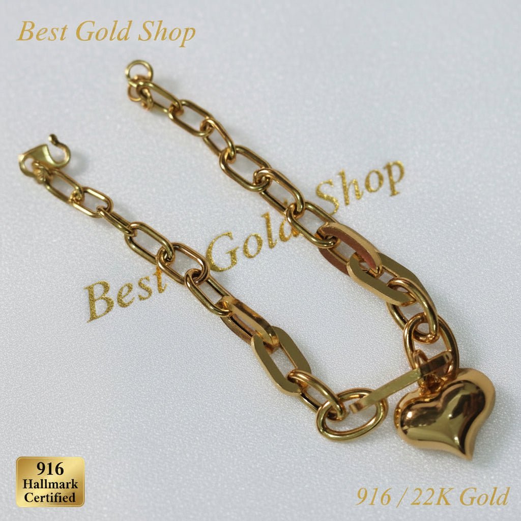 916 Gold Fancy Link Dangling Heart Bracelet V2 Bold and Elegant, Weight 5.09g L16.5-17.2 cm Width 0.5BraceletsBest Gold Shop