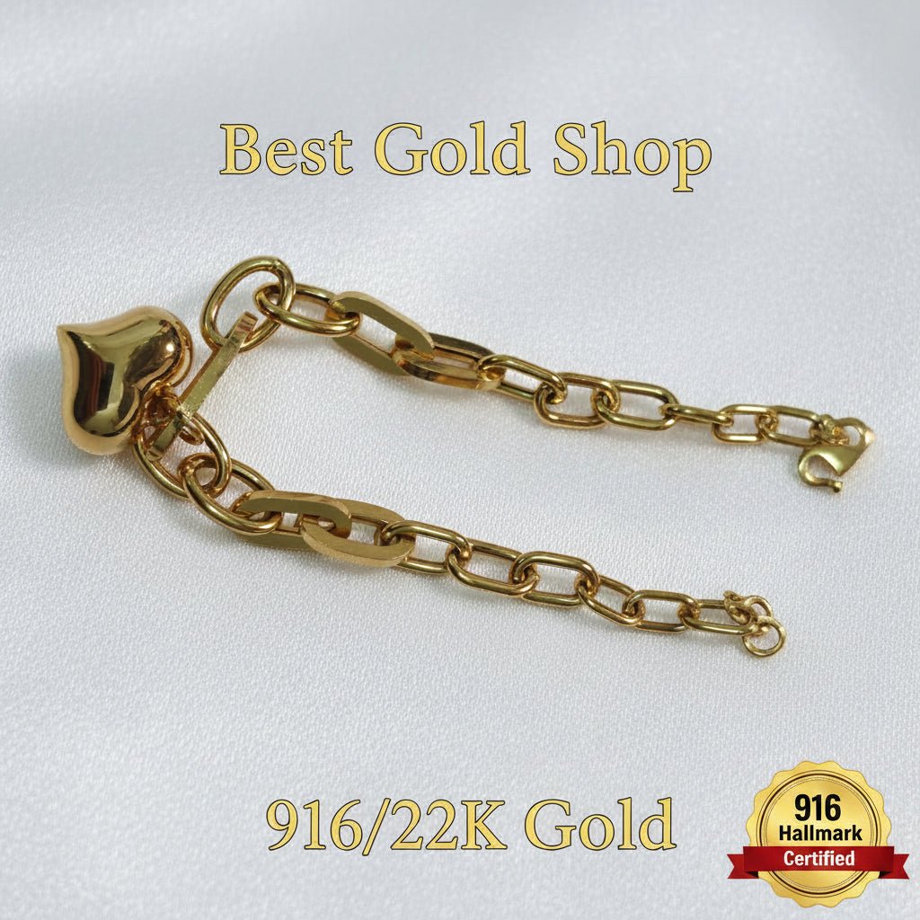 916 Gold Fancy Link Dangling Heart Bracelet V2 Bold and Elegant, Weight 5.09g L16.5-17.2 cm Width 0.5BraceletsBest Gold Shop