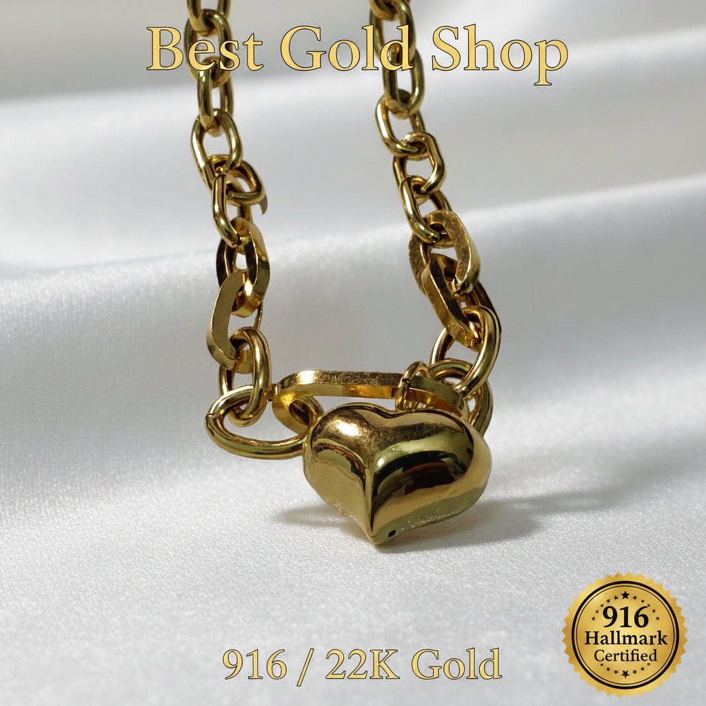 916 Gold Fancy Link Dangling Heart Bracelet V2 Bold and Elegant, Weight 5.09g L16.5-17.2 cm Width 0.5BraceletsBest Gold Shop