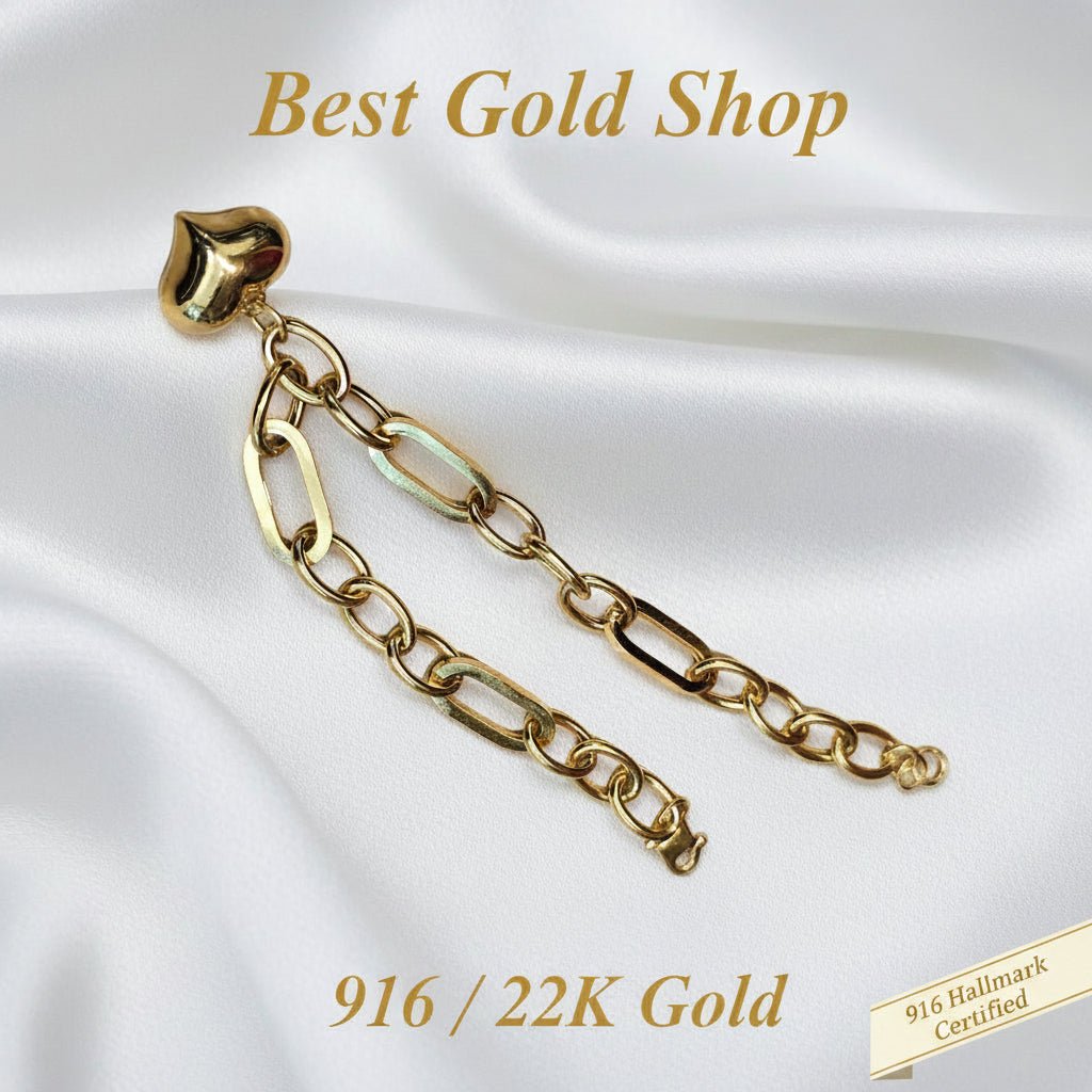 916 Gold Fancy Link Dangling Heart Bracelet V3 Bold and Elegant, Weight 6.03g L19-19.5 cm Width 0.5BraceletsBest Gold Shop