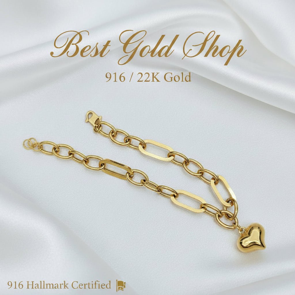 916 Gold Fancy Link Dangling Heart Bracelet V3 Bold and Elegant, Weight 6.03g L19-19.5 cm Width 0.5BraceletsBest Gold Shop