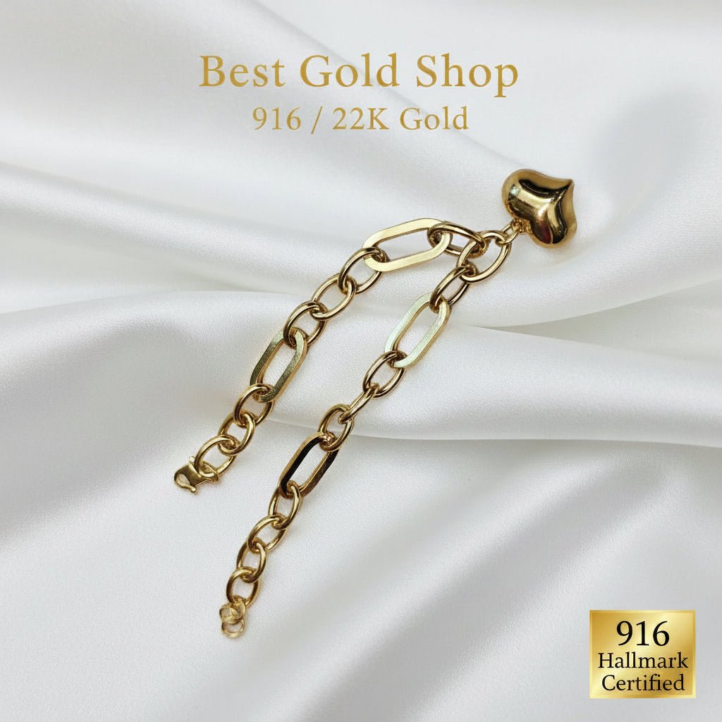 916 Gold Fancy Link Dangling Heart Bracelet V3 Bold and Elegant, Weight 6.03g L19-19.5 cm Width 0.5BraceletsBest Gold Shop